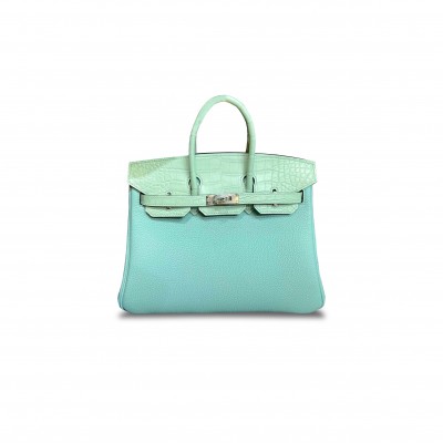 HERMÈS MASTER BIRKIN 25 CROCODILE AND TOGO LEATHER MACAROON BLUE SILVER BUCKLE H076216CK13 (25*20*13cm)